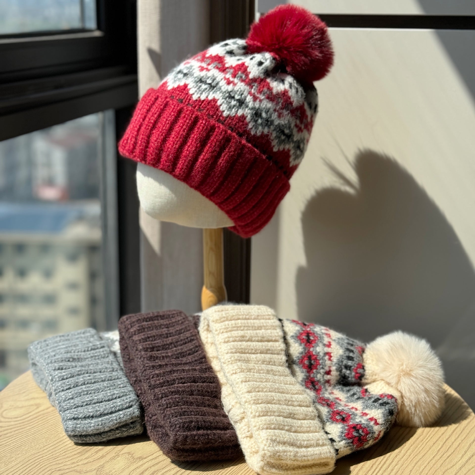 Wholesale Christmas wool hat for women,  warm and cute winter pom-pom ear flap hat